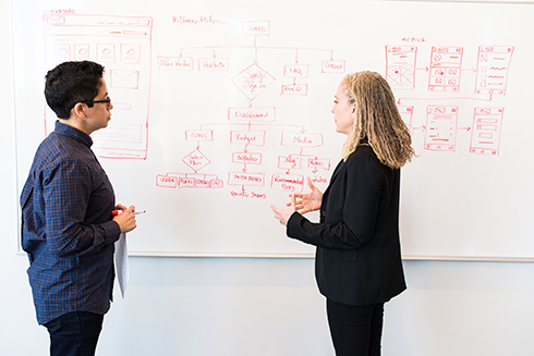 Two young leaders at a white board