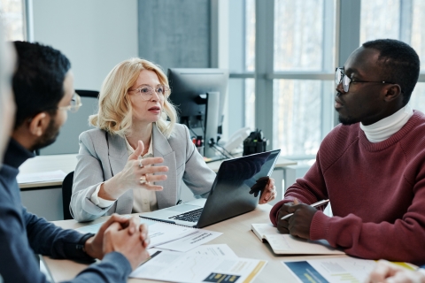 People seated around a conference table talking